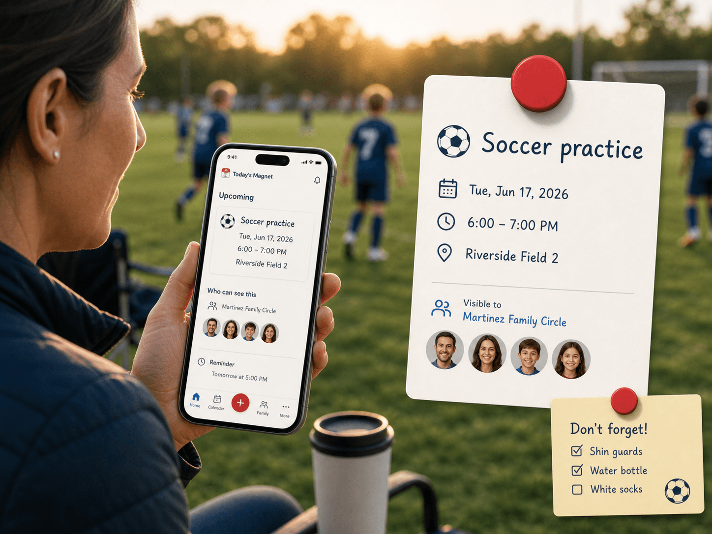 Parent and child at a sports field with a Today's Magnet soccer practice reminder
